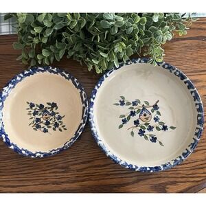 Alpine Pottery Roseville Ohio Round 7.5" And 9.5" Pie/Tarte Plate Birdhouse Blue